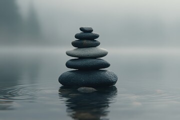 Serene Stack of Smooth Stones Balancing on Tranquil Misty Lake Surface with Gentle Ripples in Peaceful Natural Setting