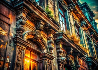 Abandoned Building Architectural Detail: Crumbling Facade & Intricate Stonework