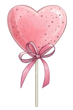 

pink lollipop with heart shaped ribbon on transparent background