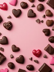 Fototapeta premium A Symphony of Hearts: A Delightful Collection of Exquisite Chocolate Hearts, Beautifully Displayed on a Pastel Pink Surface, Creating a Scene of Pure Romance and Sweet Indulgence