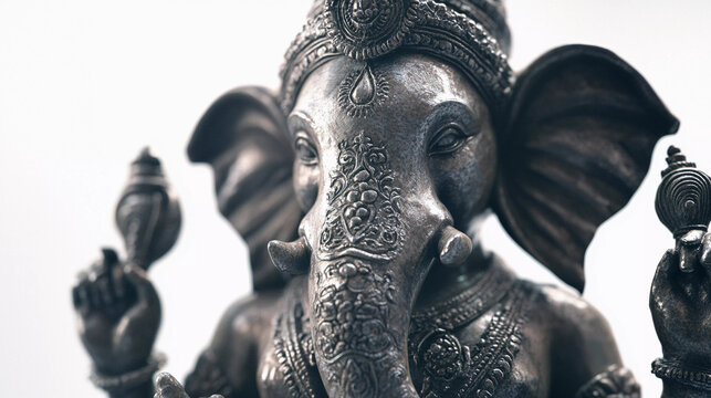 Closeup of metal ganesha statue on white background