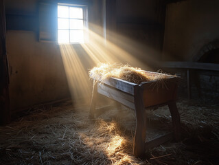 A manger with sunlight beaming through a window