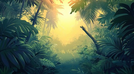 Naklejka premium Lush Tropical Rainforest Sunlight Through Canopy