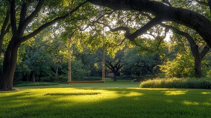 Fototapeta premium Tranquil garden swing at sunrise, sunlit lawn, peaceful trees. Use Relaxation, nature