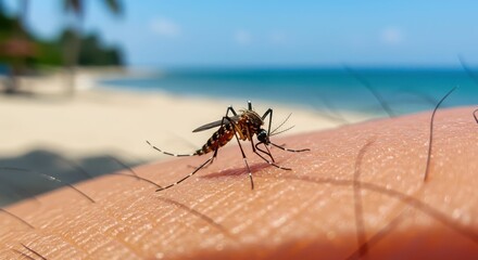 Close-up of mosquito on skin at sunny beach background