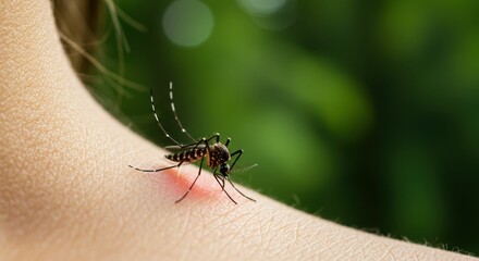 Close-up of mosquito biting human skin with redness
