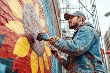A male artist paints a vibrant, large-scale mural of a stylized flower on a textured wall.