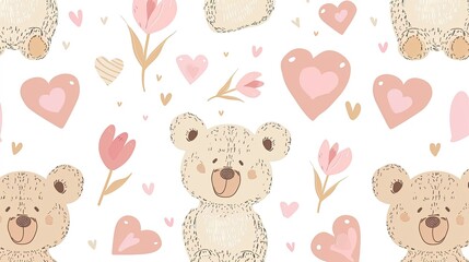 Cute teddy bear pattern, in pastel pink and cream colors, with hearts and tulip doodles on a white background