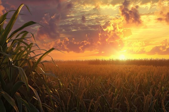 Ripe cornfield glowing orange during a breathtaking sunset with dramatic clouds