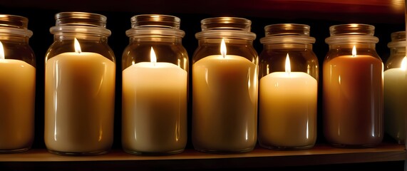 Charming closeup of handcrafted candles in jars lined up on a shelf inviting warmth and the comforting ambiance of flickering light