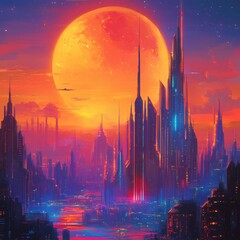 Fototapeta premium Futuristic Cityscape Underneath a Giant Orange Planet