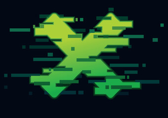 Obraz premium Glitchy neon green 'X' symbol, representing digital error, hacking, cyberpunk aesthetics, and futuristic tech