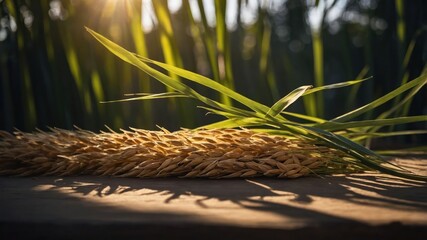 Golden wheat stalks resting on a wooden surface with sunlit green grass in the background