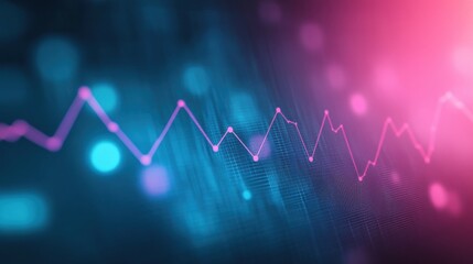 A vibrant digital visualization with a fluctuating line graph against a backdrop of blue and pink lights, representing data trends or analytics.