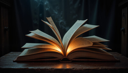 Minimalistic glowing book on dark table, enchanting illumination