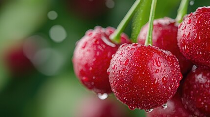Fresh red cherries on branch, dew drops, blurred green background; healthy food