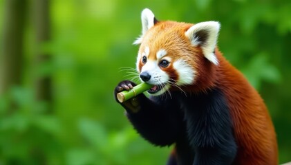 Obraz premium Red panda munching on bamboo shoots, lush green background, wildlife photography, leaves