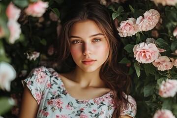 Naklejka premium Teenage girl amidst blooming roses