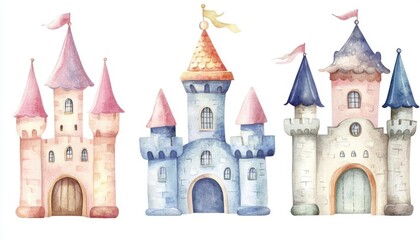 Obraz premium Tiny castle with a little princess crown collection, Watercolor style, isolated on white background, clipart