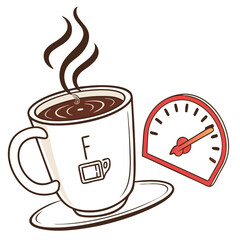Coffee cup power. Caffeine full energy fuel meter, power refuel level good morning cafe break time concept advertising poster, realistic 