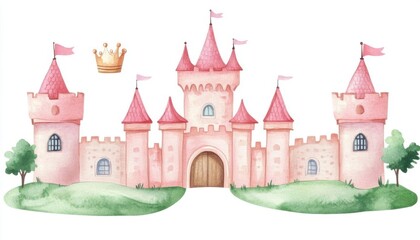 Fototapeta premium Tiny castle with a little princess crown collection, Watercolor style, isolated on white background, clipart