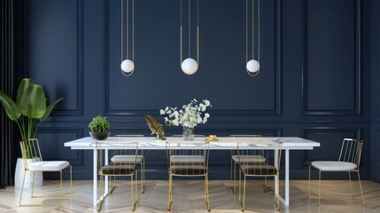 Elegant dining room with navy blue walls, white marble dining table, gold chairs, and minimalist pendant lights in suburban home