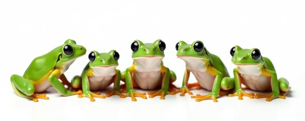 Fototapeta premium Several green tree frogs posed on stark white backdrop , studio, nature