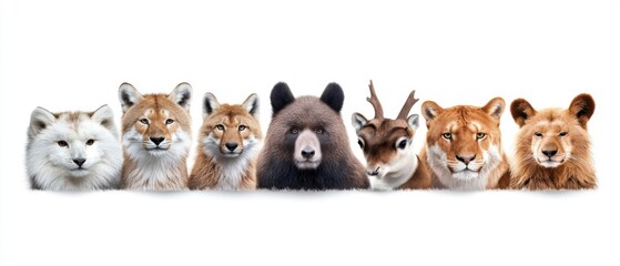 Obraz premium Group of Wild Animals Portraits in a Row on White Background
