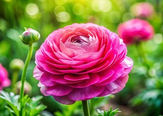 Obraz premium Blooming Pink Ranunculus Asiaticus Flower in Garden - Candid Spring Floral Photography