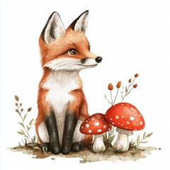 Obraz premium Tiny fox with a little mushroom collection, Watercolor style, isolated on white background, clipart