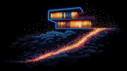 Illuminated Modern House on Pixelated Hill at Night Digital Art