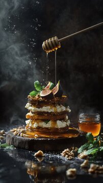 Toast layered with  soft cream cheese, figs , a drizzle of thick honey , and a sprinkle of crushed walnuts, hunny jar . top quality photo. 
