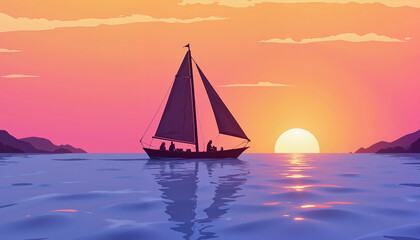 Naklejka premium Vibrant sailboat sailing on calm ocean at sunset, adventurous spirit