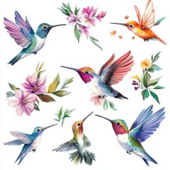 Obraz premium Tiny hummingbird with a little nectar droplet collection, Watercolor style, isolated on white background, clipart