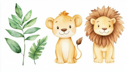 Obraz premium Tiny lion with a little leaf collection, Watercolor style, isolated on white background, clipart