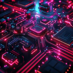 Obraz premium Vibrant neon circuit board close-up.Futuristic Circuit Board with Neon Glow