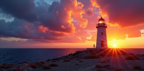 Fototapeta premium Solitary Formentera lighthouse against vibrant sunset, dramatic sky, calm, sunrise