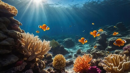 Obraz premium Vibrant coral reef scene with clownfish swimming among colorful corals and sunbeams