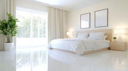 Bright bedroom, calm morning sunlight, minimalist design, serene atmosphere, home decor