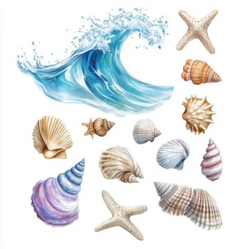 Tiny ocean wave with a little seashell collection, Watercolor style, isolated on white background, clipart