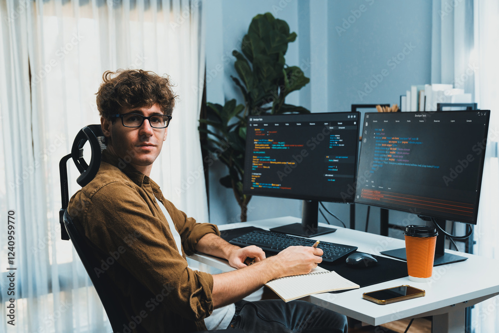 Poster it developer in online software development information looking at camera surrounded coding pc scree