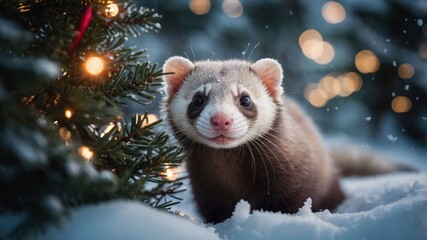 Obraz premium A playful ferret exploring a snowy landscape adorned with Christmas lights and trees