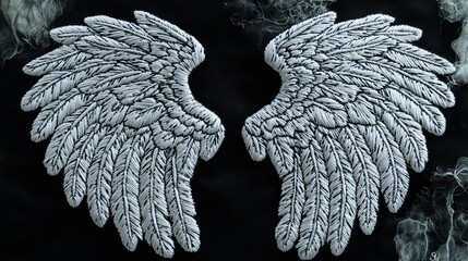 Exquisite Silver Embroidered Wings on Black Fabric Background Detailed Craftwork