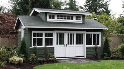 A backyard storage shed with double doors and a pitched roof.
