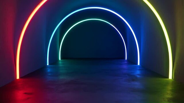 Neon light tunnel with a rainbow of colors. The tunnel is long and narrow, and the lights are arranged in a spiral pattern. The colors are bright and vibrant, creating a sense of excitement