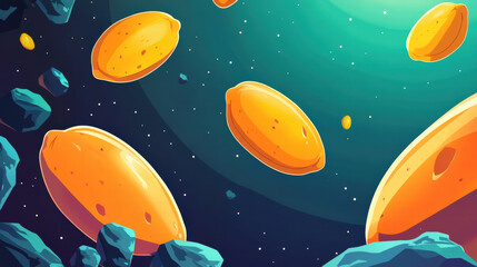 Whimsical cartoon of oranges floating in space, surrounded by asteroids and stars, creating playful cosmic scene. Perfect for adding fun touch to any project
