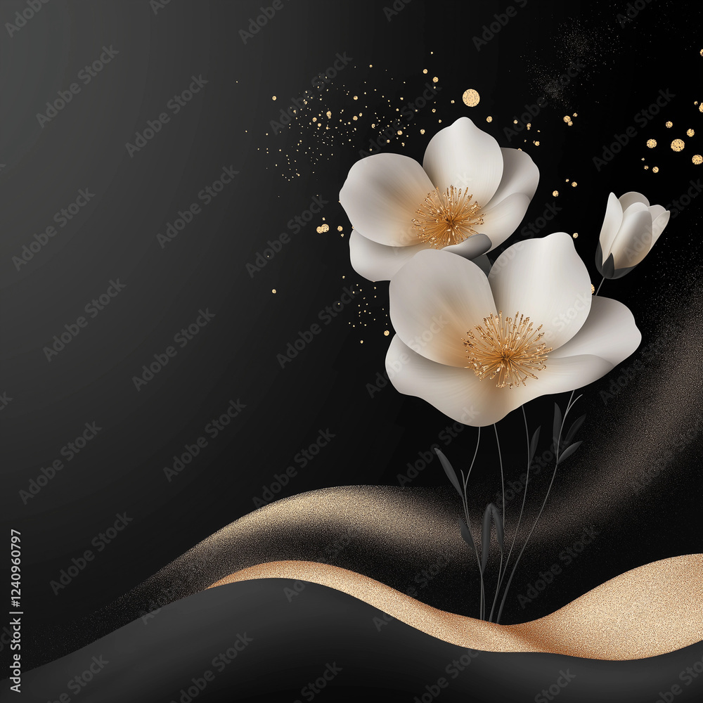 Canvas Prints Black background with a gold and white flower. Minimalistic background.