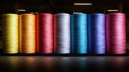 Colorful spools of thread arranged in a row inside a factory Vibrant colors of textile industry