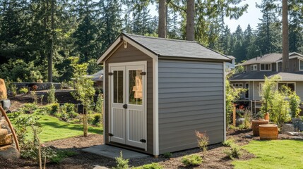 Backyard storage shed with double doors slightly open.