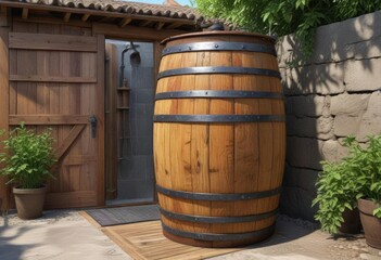 Wooden water barrel converted into an outdoor shower, nature, hidden, wooden